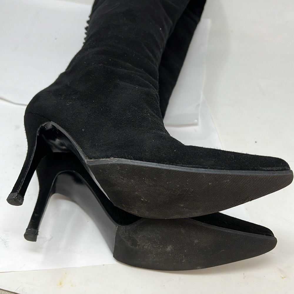 Stuart Weitzman Sz 8 Tall Black Suede Pull On Zipper Back Button Boots - Picture 9 of 11